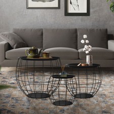 Lot 3x tables d'appoint tables basse de salon aspect osier noir plateau amovible