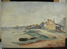 Emile HUMBLOT (1862-1931)  ? école française c1930 aquarelle berges d'un canal