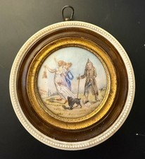 MINIATURE PEINTE XIXE ALLEGORIQUE PAUVRETE ET  RICHESS IVOIRE ET LAITON DORE