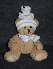 ?Doudou Ours BUKOWSKI Beige Marron Bonnet Bloanc Rayé Mauve Peluche 20 Cm TTBE