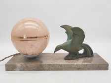 Lampe veilleuse Art Déco oiseau en régule patine verte sur socle marbre