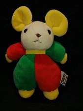 Doudou peluche  souris vert jaune rouge Ajena Etat neuf