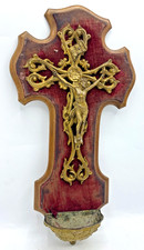 Antique french Napoleon III crucifix stoup 19th century wood metal