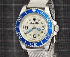 Dive Watch Automatic Mens Blue Steel Watch Silver Dial Guilloche Sapphire glass