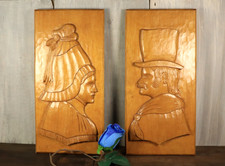 Vintage Pair French Breton Hand Carved Wood Panel Plaque Architectural Salvage