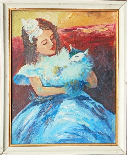 Jeune fille chat - fille, huile