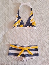 Maillot De Bain 2 Pièces Femme Taille M 38 Bleu Marine Jaune Rayé Bikini Mode