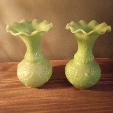 paire Vase vert vintage Opaline de foire 1900 Portieux  12 cm
