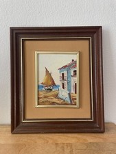 Peinture huile sur toile signé bateau et décor bord de mer 