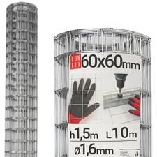 Treillis métallique galvanisé soudé H1,5 m L10 m largeur de maille 60 x 60 mm...