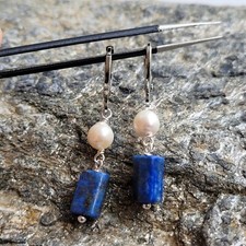 boucles d'oreilles pl or blanc pierre précieuse lapis lazuli perles de culture