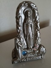 Statuette grotte Lourdes 10cm NOTRE-DAME Bernadette +Flacon eau SA ITALY métal