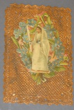 Image pieuse communion communiante sur dentelle dorée