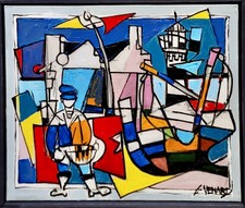 Claude Venard - Le Gardien Du Phare - Peinture À L'Huile Cubiste Des Années 1960