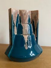 DENBAC Vase Art Déco Grès émaillé  tronconique bleu coulures beige rosé