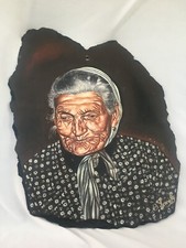 ORIGINALE ET UNIQUE PEINTURE À HUILE SUR PIERRE VIEILLE FEMME SIGNÉE B. LEMOTTE