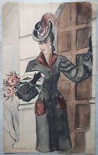 Beau Dessin Sur Papier Gouache élégante Femme A Chapeau Bouquet Fleurs Livres