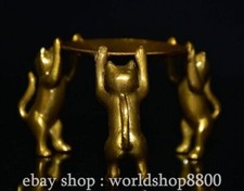 2.8" Old Chinese Copper Gilt Feng Shui Three cat lampstand Statue Sculpture