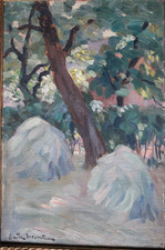 Tableau impressionniste HSP "Meules de foin" Emile LECOMTE 1866-1938 Ecole belge