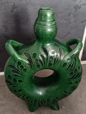 Vintage: jolie gourde annulaire verte en terre cuite émaillée signée C77