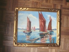 BATEAUX DE PÊCHE AU MOUILLAGE par Milio BURQUIN  HUILE  VERS 1930/1950