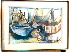 Tableau pastel signé Thérèse d'Urzo - Le port Côte d'Azur, École Moderne