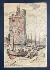 Fred PAILHES "Les enfants du port de La Rochelle" Dessin, signé de 1962