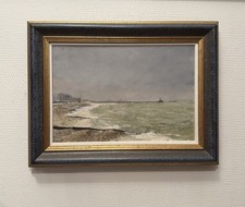 Tableau Ancien Scène De Genre « Ville Près De La Plage »