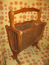 Vintage 60s 70s Ancien PORTE-REVUES JOURNAUX en BOIS et CANNAGE Revue Journal