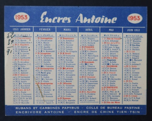 Calendrier poche 1953 encre - calendrier,