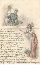 ILLUSTRATEURS #MK41674 HOMME CHAPEAU ECHELLE FEMME ROBE POT DE FLEURS PAR ILLU