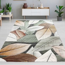 Tapis motif feuilles en vert beige et crème pour salon salle à manger ou chambre