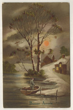 1919-Carte Postale luxographie-Bonne année-Barque.pêcheur-Eglise-A.151