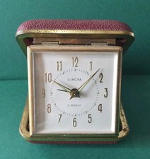 Ancien Réveil Europa 2 Jewels Cuir Mécanisme Fonctionne Nickel Made In Allemagne