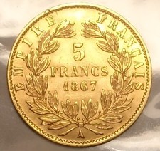 👑 🇨🇵 Pièce de 5 francs or 900‰ Napoléon III * Tête Laurée * 1867 A 🇨🇵 👑