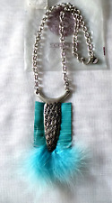 SCOOTER BIJOUX COLLIER SAUTOIR ARGENTÉ CUIR PLUMES TURQUOISE NEUF