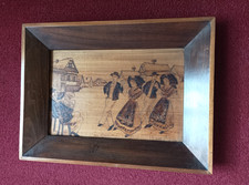 Rare Cadre ancien biseauté début XXe S. Pyrogravure Danse Alsace