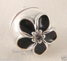MYSTIC FLORAL Authentic PANDORA Silver/BLACK ENAMEL/Clear CZ Clip Charm/Bead NEW