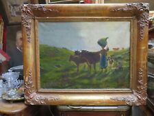 Tableau Huile / toile scene pastorale XIXE  chevres ET VACHES clovis terraire