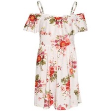 Robe Patineuse Fille Rouge Fleurie Été Soirée Sans Épaules 7-13 Ans