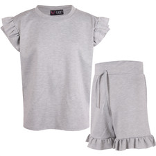 Enfants Filles Évasé Mancheron Gris Uni Haut Court & Sexy Short Ensemble 7-13