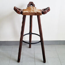 TABOURET DE BAR ESPAGNOL VINTAGE BRUTALISTE 1970 CHENE PEAU 70S 1970S ANNEES 70