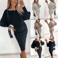 Femmes À Manches Longues Bodycon Midi Robe Dames Evening Party Party Robes S- /