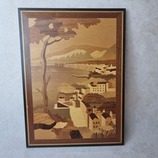 Tableau Marqueterie Vintage – Paysage Méditerranéen – Bois Naturel