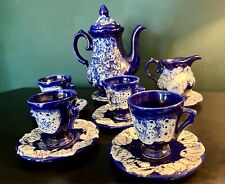 "MAJOLICA Vallauris Blue Ceramic Coffee/Tea SET Mid-Century France 1950