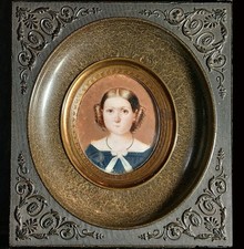 Ancienne peinture gouache médaillon miniature portrait cadre en bois gravé