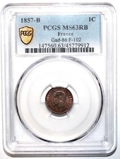Rare 1 Centime 1857 B Napoléon III -- Monnaie Gradée MS63RB par PCGS !