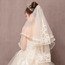 Élégant voile de mariage applique dentelle longueur coude voile de mariée 2 niveaux + peigne