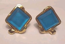 Bijoux Boucles D'oreilles Vintage Verre Bleu Signé Micris Circa 80 #AJA# K2