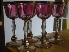 SIX BOHEMIAN LARGE WINE OR WATER GLASS CRYSTAL CABOCHON OVERLAY AMETHYSTE GOLD